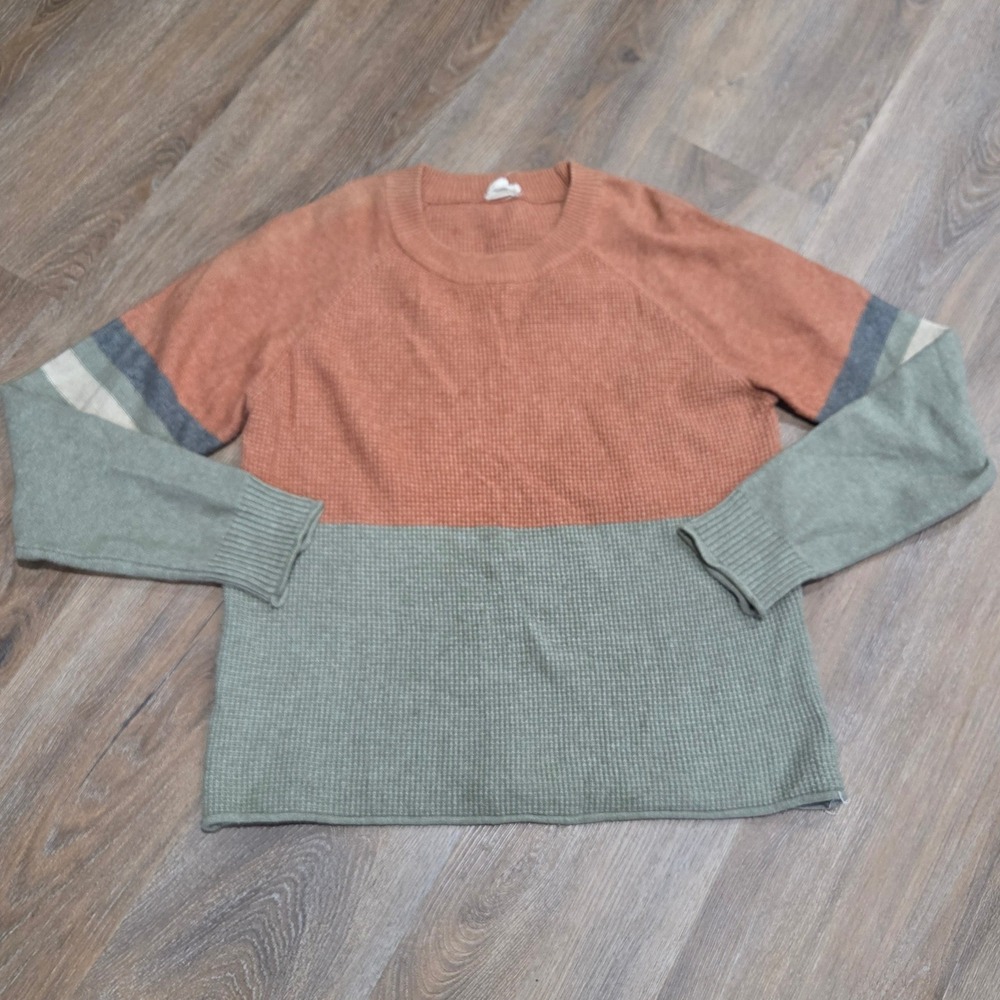 Hem & Thread Women Waffle Knit Colorblock Sweater Rust Green Stripe Large